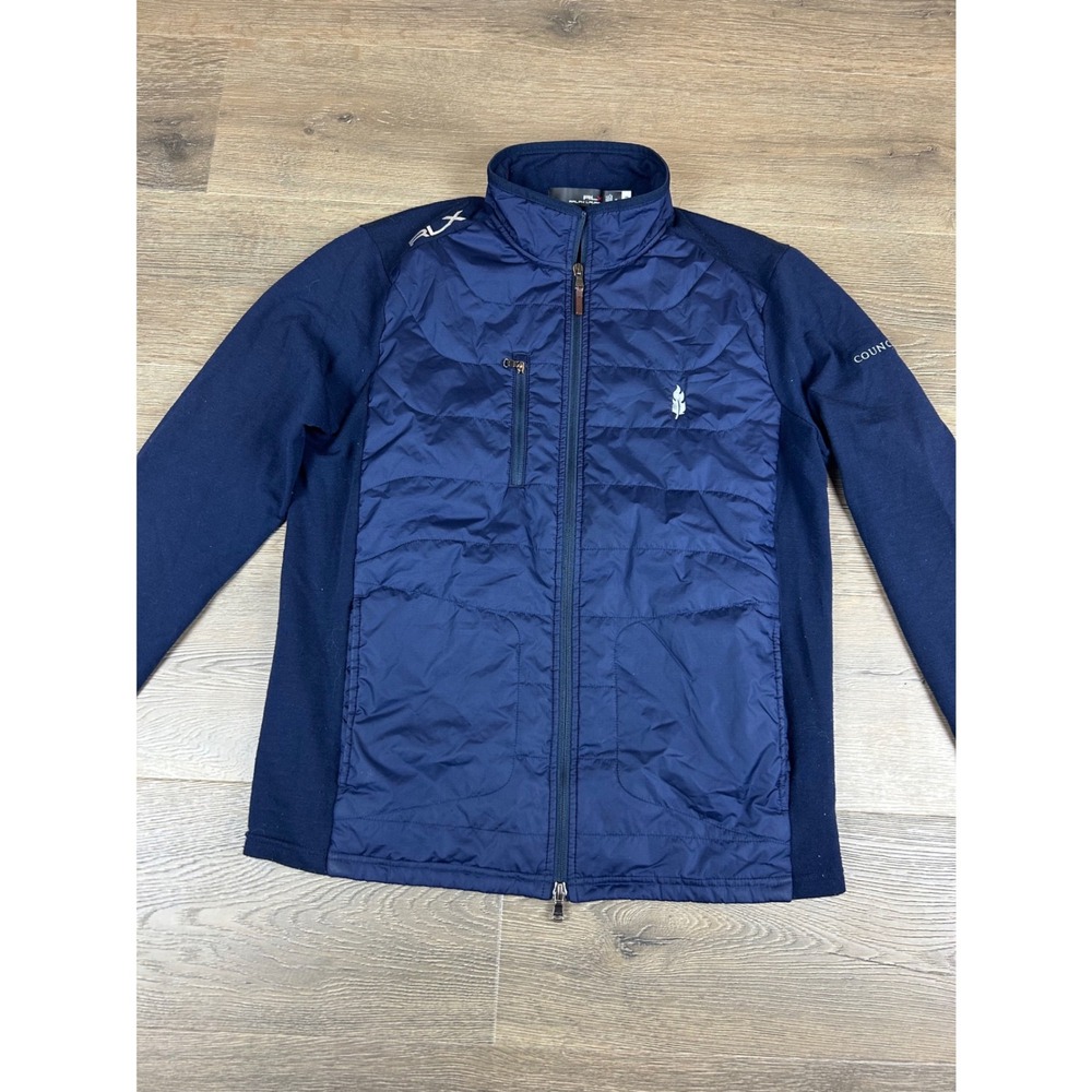 RLX Ralph Lauren Mens Navy Blue Hybrid Quilted Golf Jacket Council Fire Size M